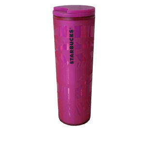 Starbucks 2021 Holiday 16oz Holographic Pink Ribbon Swirl Travel Tumbler Cup Mug